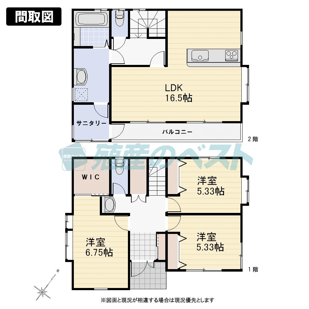 Floor plan. 53,800,000 yen, 3LDK, Land area 95.77 sq m , Building area 92.07 sq m 2 storey, Car space one minute.