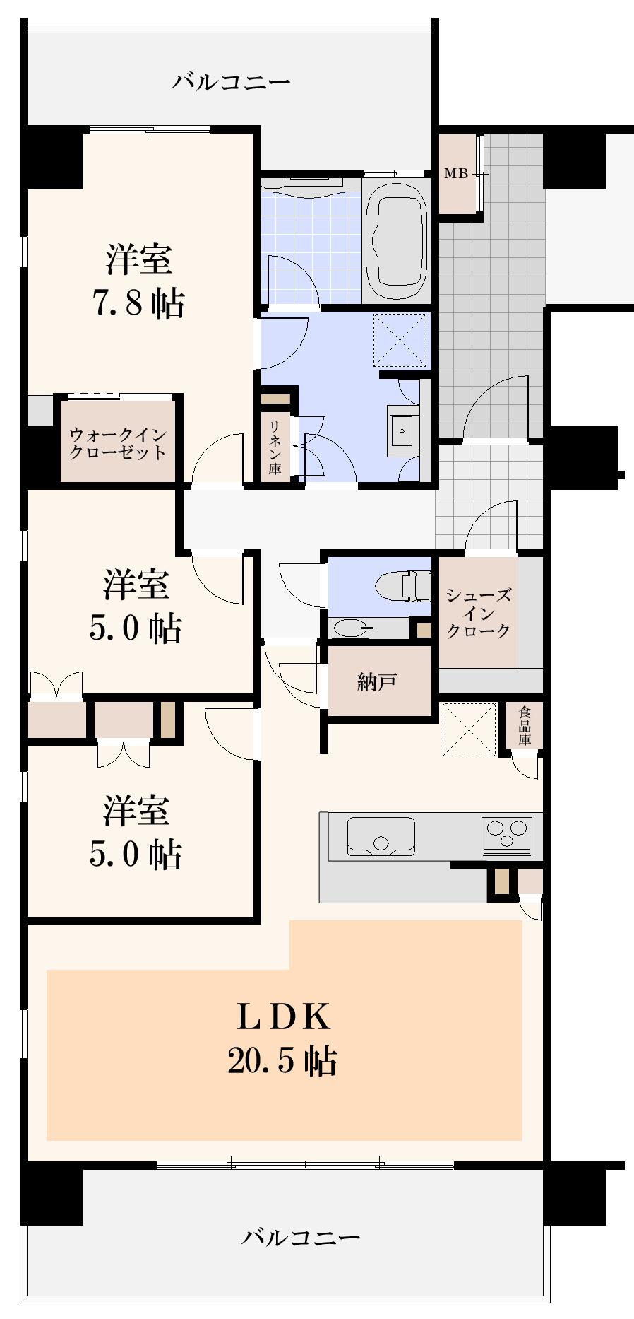 Floor plan. 3LDK, Price 74,800,000 yen, Occupied area 90.32 sq m , We become a good floor plan of the balcony area 21.64 sq m usability.