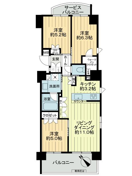 Floor plan. 3LDK, Price 60,180,000 yen, Occupied area 68.19 sq m , Balcony area 10.17 sq m southeast angle room. It is a bright room.