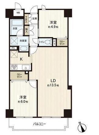 Floor plan. 2LDK, Price 37,800,000 yen, Occupied area 60.39 sq m , Balcony area 7.25 sq m