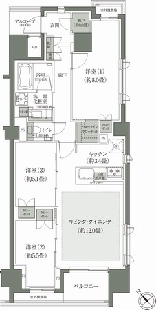  ■ C type 3LDK + N + WIC Occupied area / 80.11 sq m balcony area / 4.61 sq m   ※ N = storeroom,  ※ WIC = walk-in closet