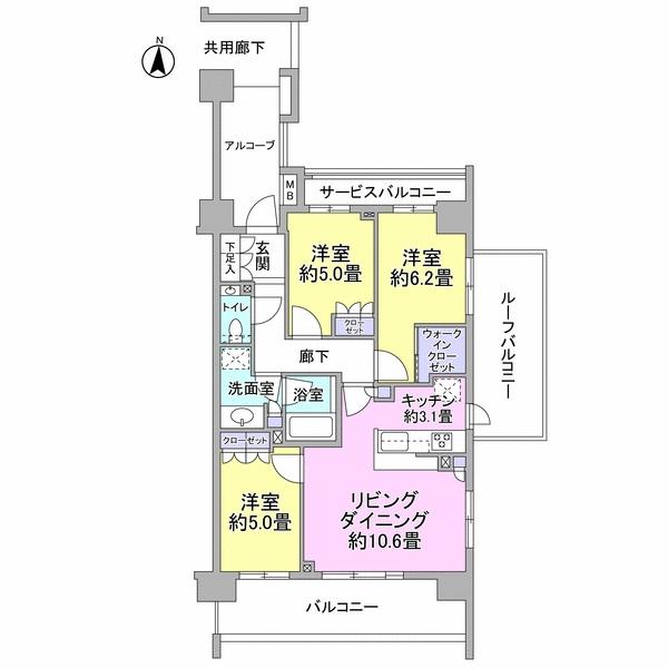 Floor plan. 3LDK, Price 64,800,000 yen, Occupied area 70.29 sq m , Balcony area 12.6 sq m