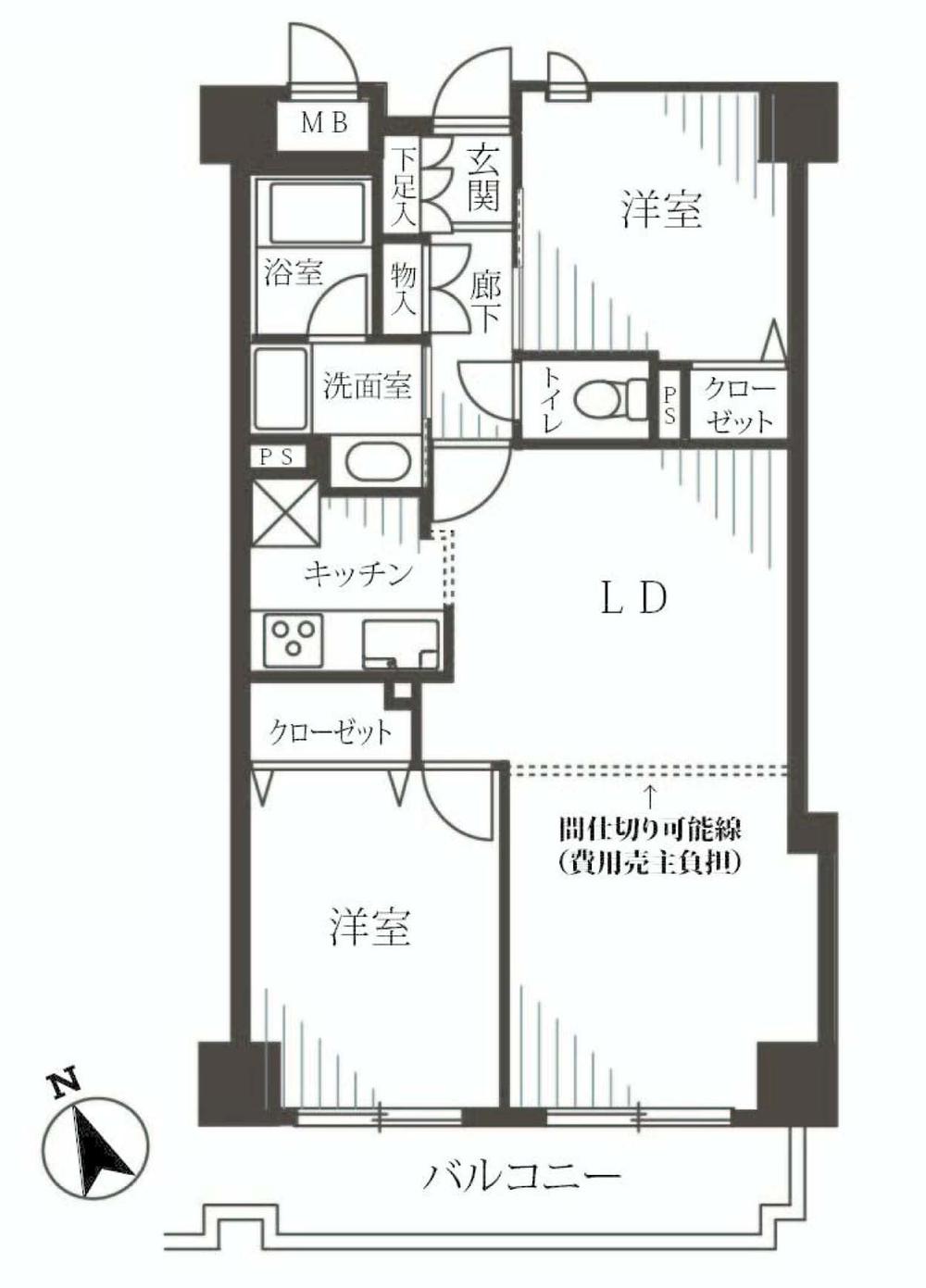 Floor plan. 2LDK, Price 37,800,000 yen, Occupied area 60.39 sq m , Balcony area 7.25 sq m