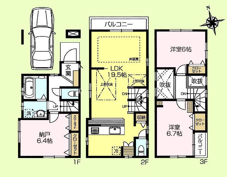 Floor plan. (3 Building), Price 59 million yen, 2LDK+S, Land area 61.5 sq m , Building area 101.51 sq m