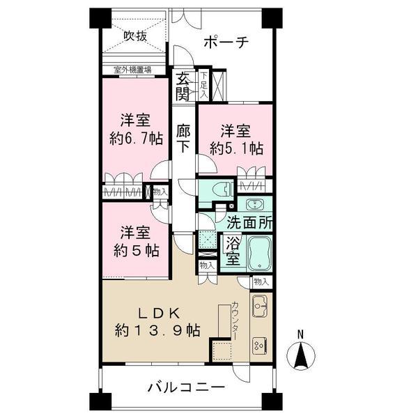 Floor plan. 3LDK, Price 54,900,000 yen, Occupied area 69.36 sq m , Balcony area 11.7 sq m