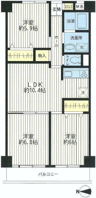 Floor plan. 3LDK, Price 35,900,000 yen, Footprint 64.9 sq m , Balcony area 5.54 sq m