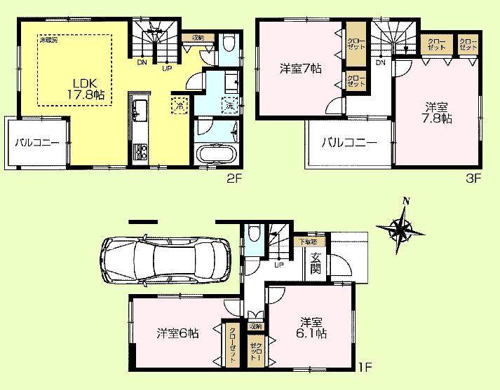 Floor plan. (1 Building), Price 59,800,000 yen, 4LDK, Land area 63.56 sq m , Building area 114.39 sq m