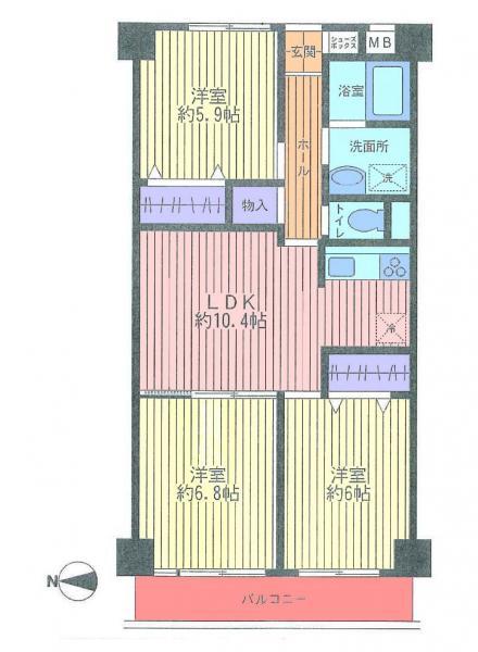 Floor plan. 3LDK, Price 35,900,000 yen, Footprint 64.9 sq m , Balcony area 5.54 sq m