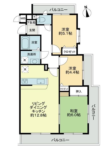 Floor plan. 3LDK, Price 43,800,000 yen, Occupied area 66.08 sq m , Balcony area 18.94 sq m Floor