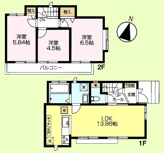 Floor plan. (Building 2), Price 54,800,000 yen, 3LDK, Land area 86.36 sq m , Building area 69.04 sq m