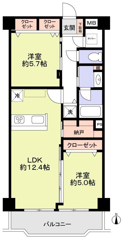 Floor plan. 2LDK, Price 29,800,000 yen, Occupied area 57.42 sq m , Balcony area 6.83 sq m