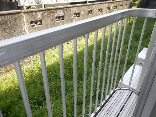 View. There is a handrail. There is a garden in front