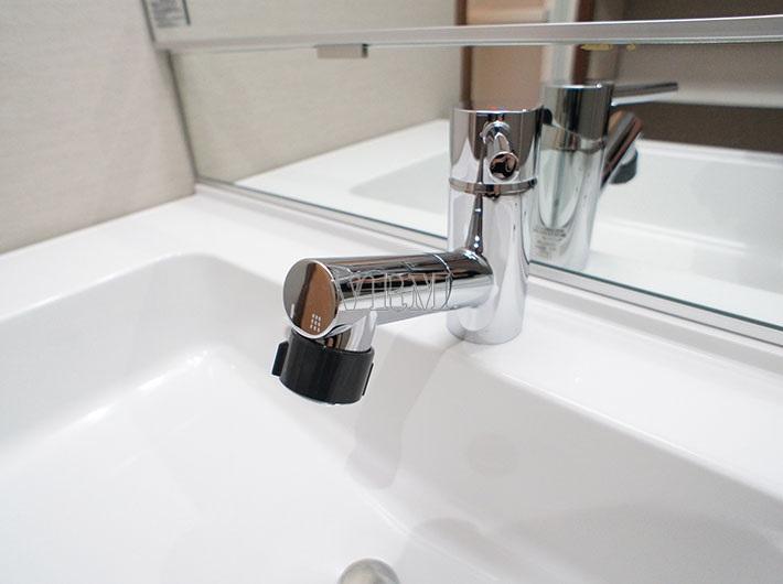 Wash basin, toilet. Vanity with a shower head