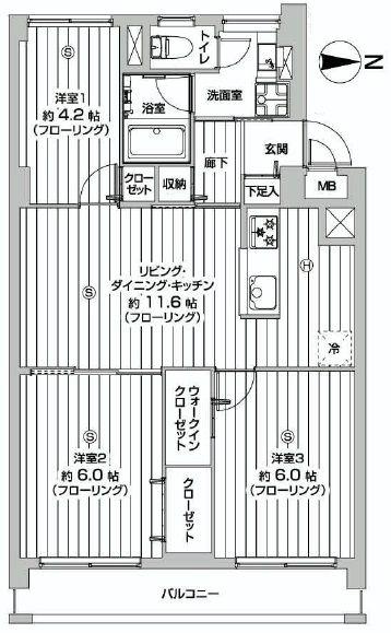 Floor plan. 3LDK, Price 31,800,000 yen, Occupied area 60.92 sq m , Balcony area 6.4 sq m