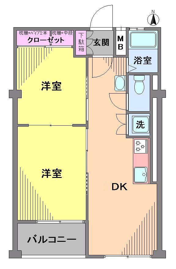 Floor plan. 2DK, Price 18,800,000 yen, Occupied area 45.36 sq m , Balcony area 2.47 sq m