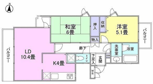 Floor plan. 2LDK, Price 35,990,000 yen, Occupied area 62.83 sq m , Balcony area 7.55 sq m