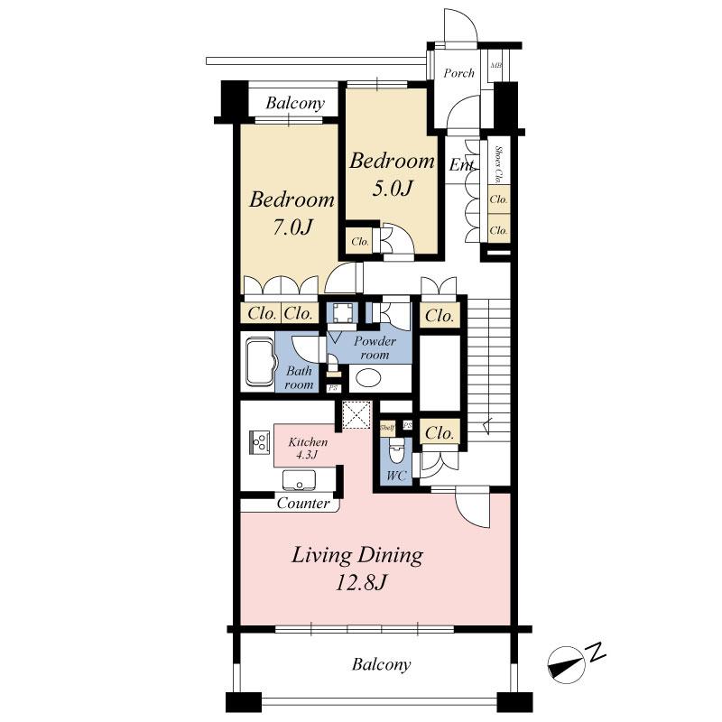 Floor plan. 2LDK, Price 47,600,000 yen, Footprint 75.5 sq m , Balcony area 11.52 sq m