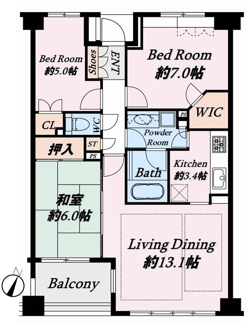 Floor plan. 3LDK, Price 47,800,000 yen, Occupied area 76.15 sq m , 3LDK of balcony area 6 sq m southeast