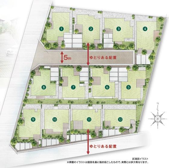 The entire compartment Figure. In unified streets of all 12 buildings, Place the building with a room to 120 sq m or more of the site. We are plans that were installed inner terrace in each building. 