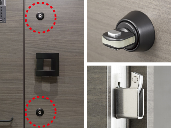 Security.  [Entrance door] Installing the two upper and lower lock to the front door (left). Crime prevention thumb turn adopted for locking by turning Pinch the switch (upper right). The dead bolt is equipped with a hook of sickle (lower right). (Same specifications)