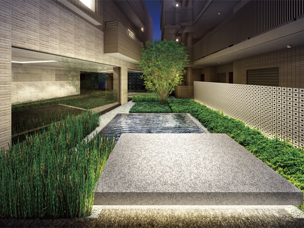 Buildings and facilities. Textured white slate. Basin sparkling is sunshine float is Mizumon in the wind. And symbol tree towering planting space. The material that was aligned with the square geometrically arranged, It will produce the artistic views. (Garden Square Rendering)