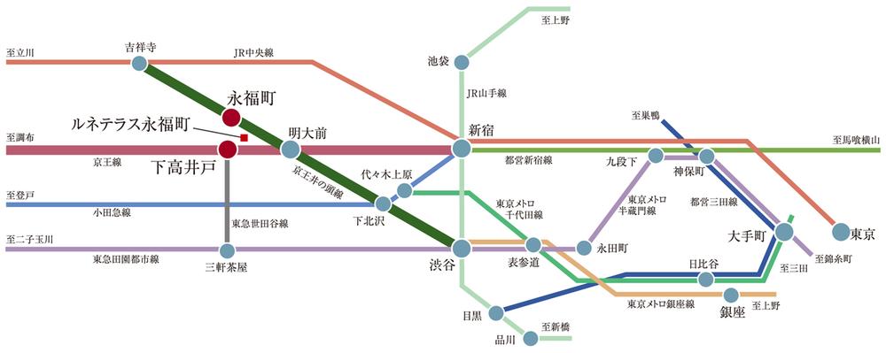 route map. Living area spread in 2 station 3 lines Available. 8 minutes to Shinjuku Station. 9 minutes to Shibuya Station. To Kichijoji Station 9 minutes. Has been excellent transport access is formed. 