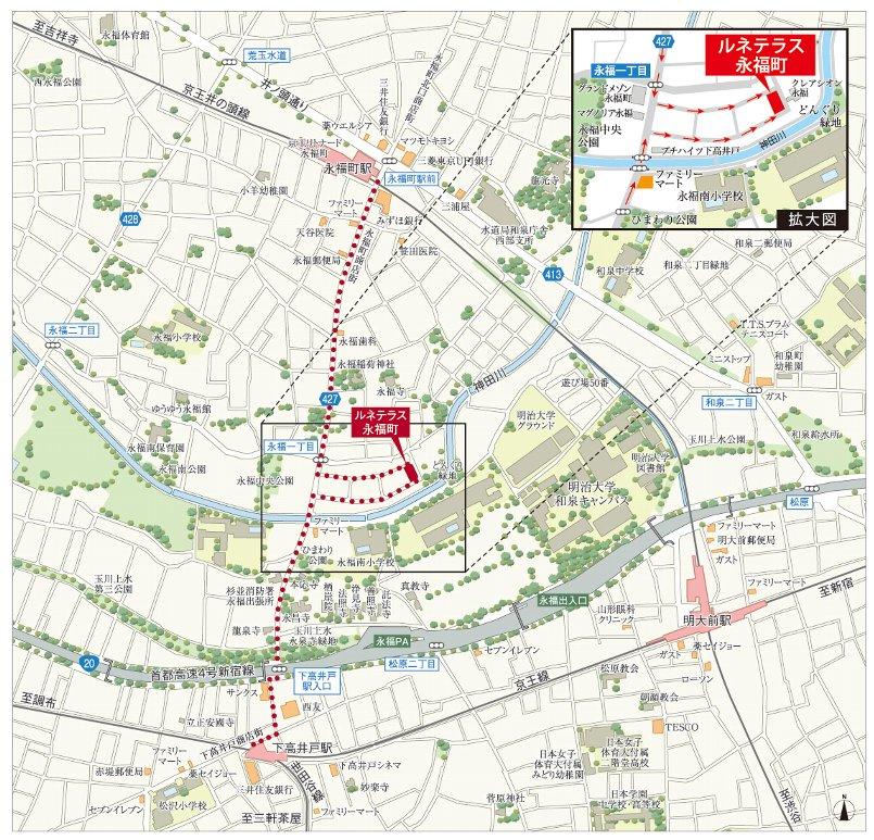 Local guide map. Rich convenience of Inokashira and Keio Line is in the familiar. Kanda River flows to the center, Mansion moisture is felt land. 