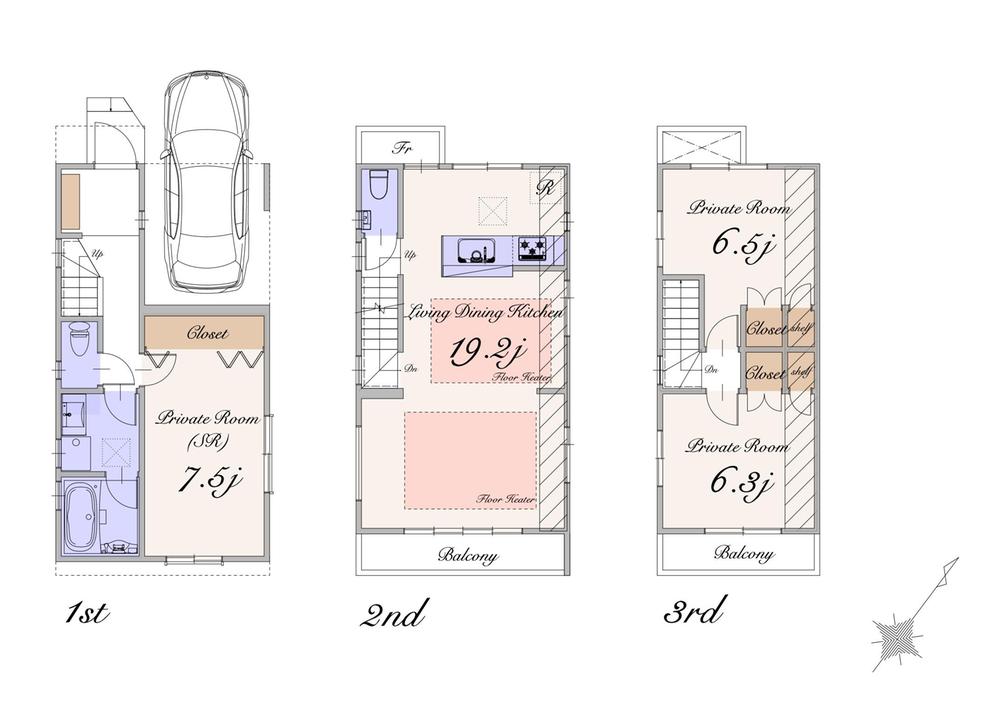 Floor plan. (B Building), Price 61,900,000 yen, 2LDK+S, Land area 65.09 sq m , Building area 102.62 sq m