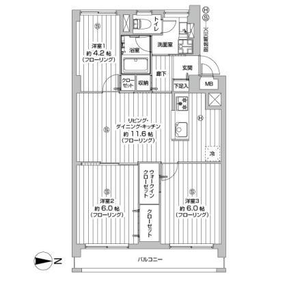Floor plan. 3LDK, Price 31,800,000 yen, Occupied area 60.92 sq m , Balcony area 6.4 sq m