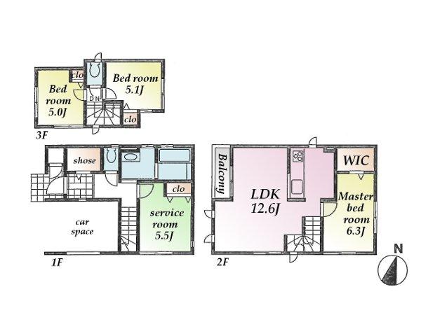 Floor plan. (6 Building), Price 57,500,000 yen, 3LDK+S, Land area 72.52 sq m , Building area 92.73 sq m