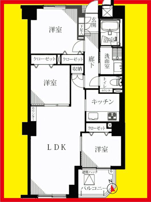 Floor plan. 3LDK, Price 44,800,000 yen, Occupied area 65.95 sq m , Balcony area 4.14 sq m