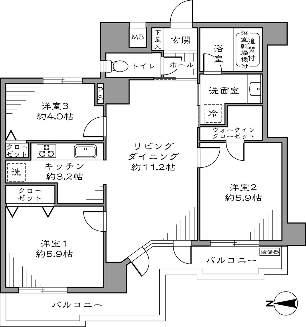 Floor plan. 3LDK, Price 32,800,000 yen, Occupied area 64.63 sq m , Balcony area 11.57 sq m