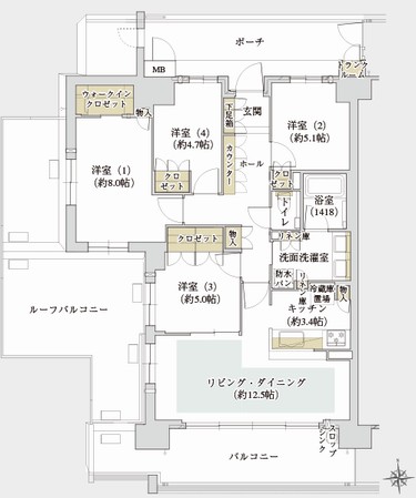 Br type ・ 4LDK + WIC furnished model room price / 80,800,000 yen (10th floor) footprint / 90.57 sq m (trunk room including area 0.40 sq m) porch area / 14.07 sq m roof balcony area / 30.81 sq m balcony area / 16.50 sq m