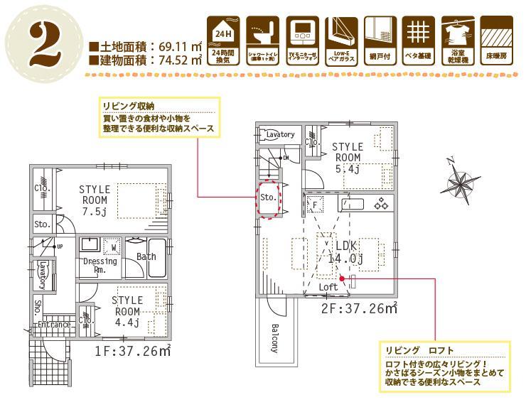 Floor plan. 53,800,000 yen, 3LDK, Land area 71.42 sq m , Building area 74.52 sq m 2 Building Floor plan