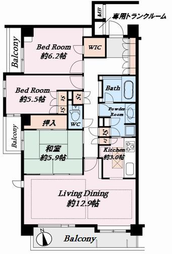 Floor plan. 3LDK, Price 52,800,000 yen, Occupied area 81.74 sq m , Balcony area 16.08 sq m southwest angle room, Ventilation good.