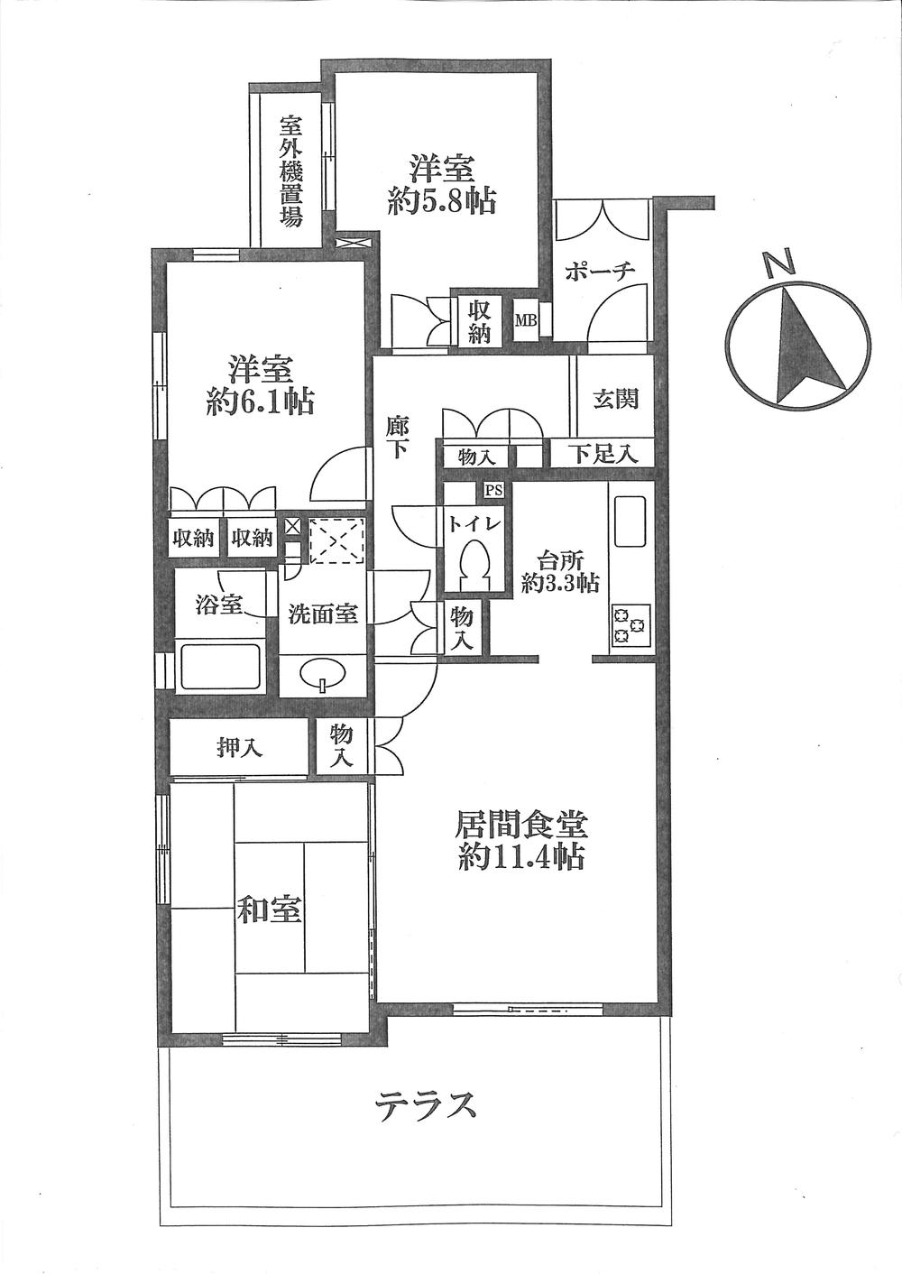 Floor plan. 3LDK, Price 39,500,000 yen, Footprint 77.1 sq m , Balcony area 9.58 sq m floor plan