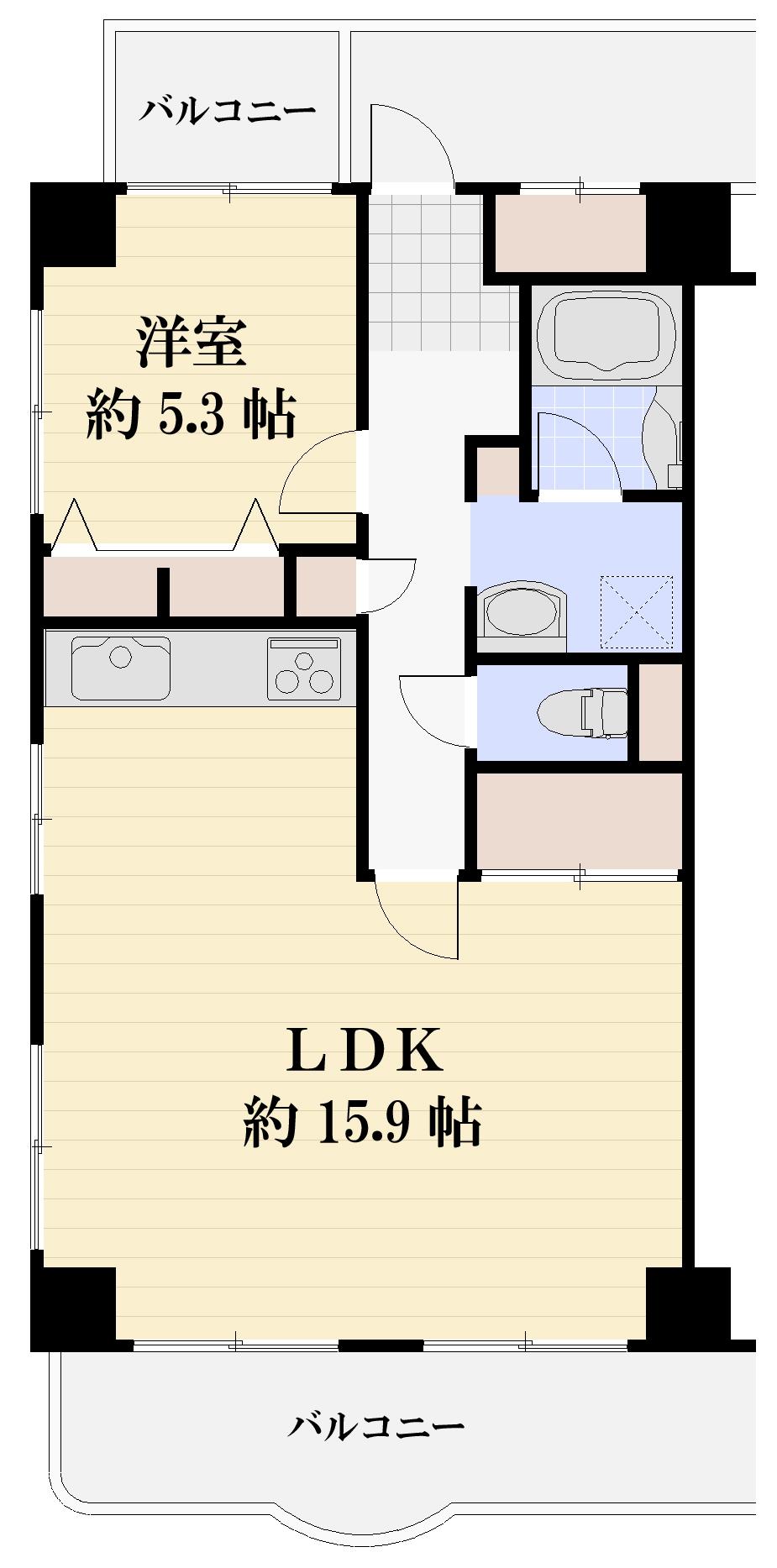 Floor plan. 1LDK, Price 25,800,000 yen, Occupied area 53.35 sq m , Balcony area 9.65 sq m east ・ South ・ It is west of the 3 direction room. Not suitable to hate towards the sun. Until the evening from the morning is bright rooms yours.