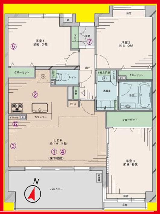 Floor plan. 3LDK, Price 44,800,000 yen, Occupied area 72.62 sq m , Balcony area 11.36 sq m
