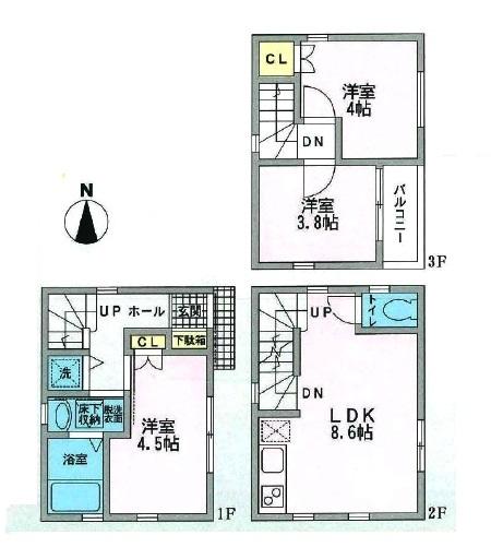 Floor plan. 34,800,000 yen, 3LDK, Land area 38.08 sq m , Building area 52.56 sq m