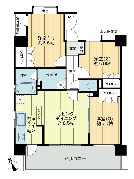 Floor plan. 3LDK, Price 32,800,000 yen, Occupied area 63.28 sq m , Balcony area 13.41 sq m bathroom ・ It is characterized by there is a window in the kitchen