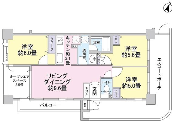 Floor plan. 3LDK, Price 24,900,000 yen, Occupied area 61.38 sq m , Balcony area 11.12 sq m south ・ east ・ The west side of the 3 direction room