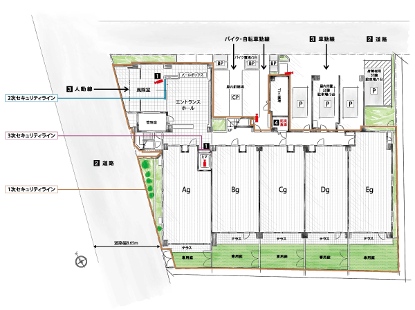 Features of the building.  [Site layout] (1) 2 places (windbreak room ・ Non-touch key system adopted in the EV Hall) (2) two-way contact road location (3) full Fusha isolation design (4) disaster prevention warehouse