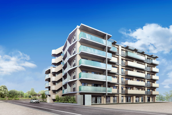 Buildings and facilities. The outer wall tile of off-white to the base and accent the gray tile, Skillfully combined concrete Uchihanashi, Facade design elegance and modernism is finished in the impression that harmony.  ※ Exterior - Rendering