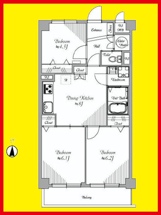 Floor plan. 3DK, Price 22,800,000 yen, Footprint 55 sq m , Balcony area 6.6 sq m