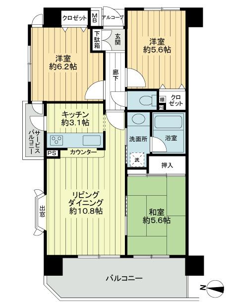 Floor plan. 3LDK, Price 34,800,000 yen, Footprint 66.2 sq m , Balcony area 10.8 sq m
