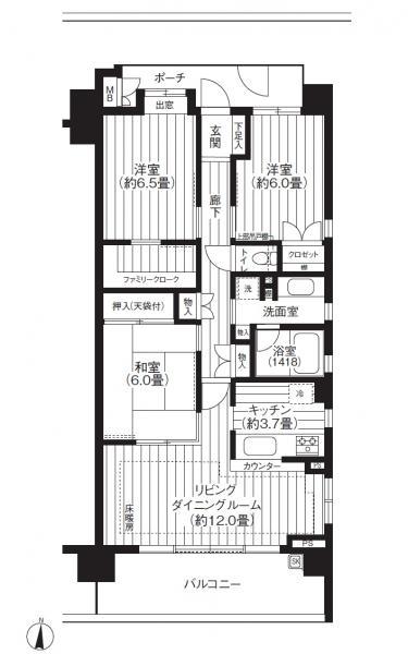 Floor plan. 3LDK, Price 47 million yen, Occupied area 80.62 sq m , Balcony area 12.9 sq m
