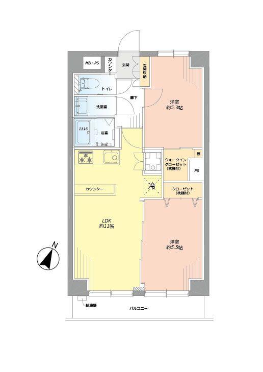 Floor plan. 2LDK, Price 25,980,000 yen, Occupied area 51.84 sq m , Balcony area 5.4 sq m of Mato