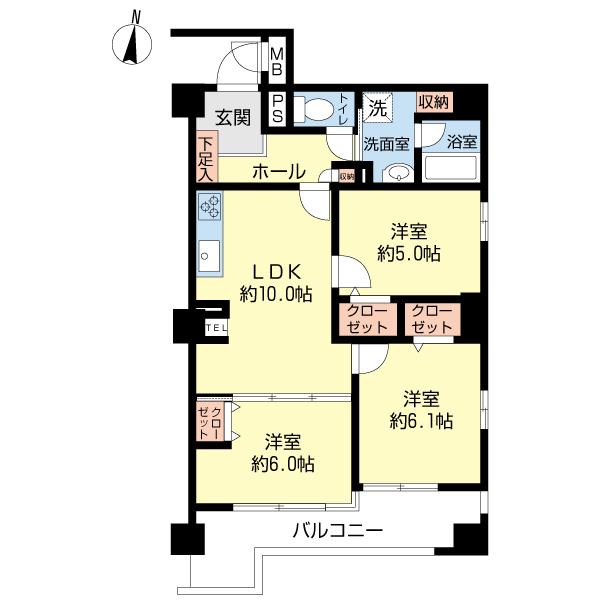 Floor plan. 3LDK, Price 25,800,000 yen, Occupied area 64.49 sq m , Balcony area 9.64 sq m
