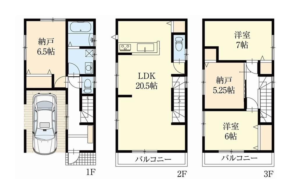 Floor plan. (3 Building), Price 43,800,000 yen, 2LDK+2S, Land area 71.68 sq m , Building area 117.84 sq m
