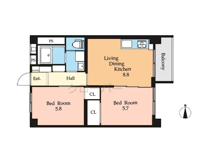 Floor plan. 2LDK, Price 19,980,000 yen, Footprint 48.6 sq m , Balcony area 4.5 sq m